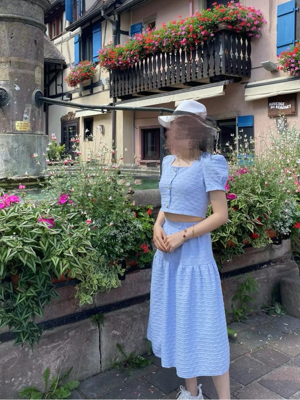 Light Blue Two-Piece Textured Crop Top & Midi Skirt Set